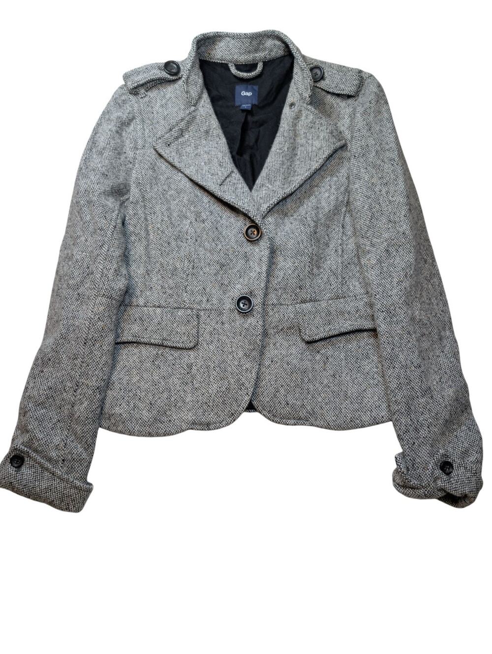 GAP Gray Tweed Juniors Sz L Blazer Jacket Pink Contrast Stitch 4 Big Button
